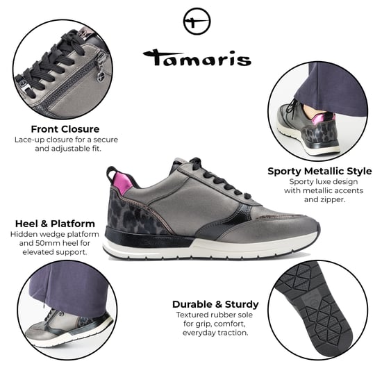 Tamaris Womens Pewter Silver Pink Fashion Lace-up Zipped Sneakers Trainers - Image 2