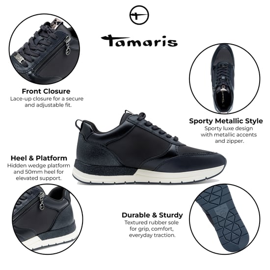 Tamaris Womens Navy Blue Fashion Lace-up Zipped Sneakers Trainers - Image 2