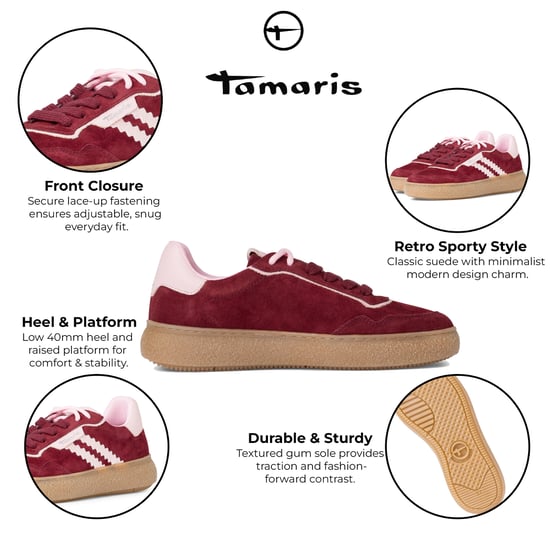 Tamaris Dames Merlot Burgundy Rode Leren Fashion Stripe Veterschoenen - Image 2