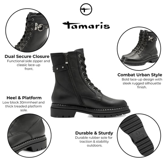 Tamaris Dames Fashion Zwarte Leren Veterschoenen met Rits Combat Enkellaarsjes - Image 2