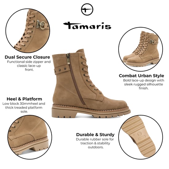 Tamaris Dames Fashion Camel Beige Leren Veterschoenen met Rits Combat Enkellaarsjes - Image 2