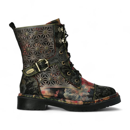 Laura Vita Incaso 36 Zwarte Bloemen Dames Gothic Victoriaanse Leren Enkelhoge Laarzen - Image 1