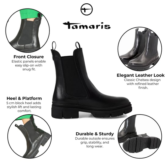 Tamaris Womens Black Leather Classic High Pull-On Chelsea Ankle Boots - Image 2