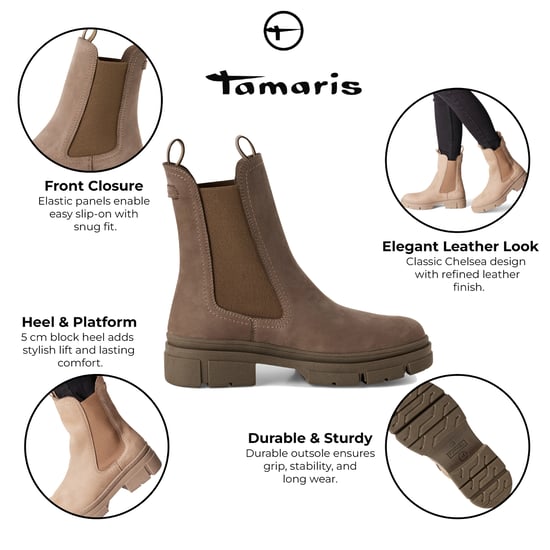 Tamaris Womens Dune Taupe Brown Leather Classic High Pull-On Chelsea Ankle Boots - Image 2
