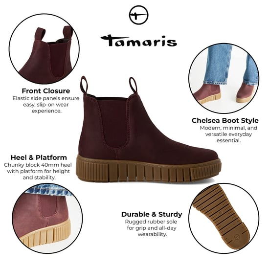 Tamaris Womens Bordeaux Burgundy Leather Chelsea Ankle Boots - Image 2