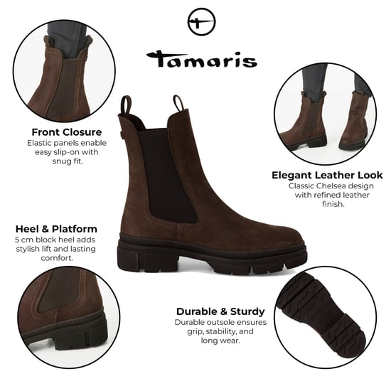 Tamaris Womens Mocca Brown Leather Classic High Pull-On Chelsea Ankle Boots - Image 2
