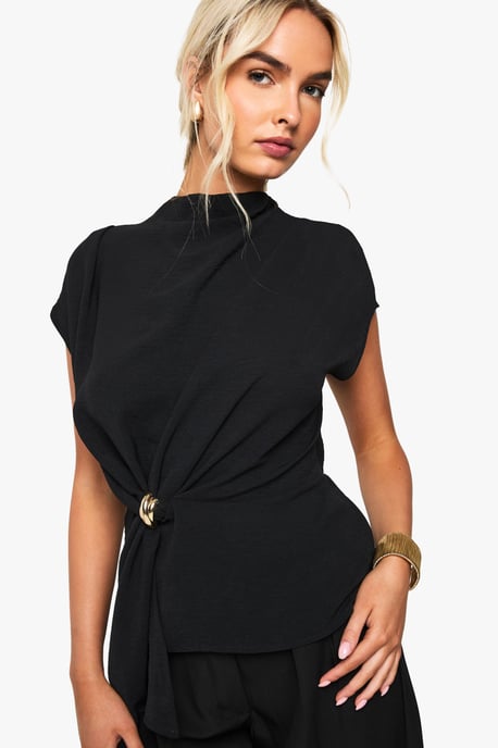 Hammered Gold Trim Cowl Neck Blouse - Image 1