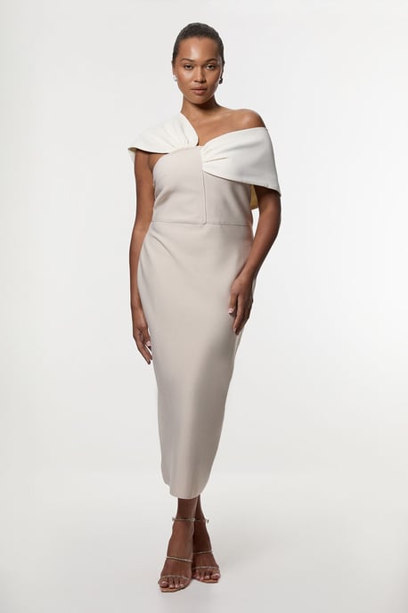 Plus Size Figure Form Bandage Knit Asymmetric Strap Midi Dress - Image 1