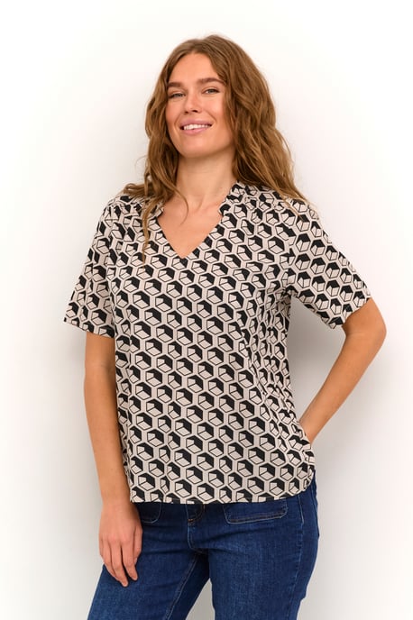 Blouse met korte mouwen Regular fit Feather/Black Geometric Print white black - Image 2