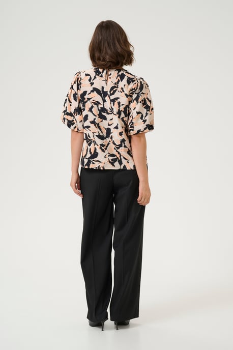 Blouse with short sleeve A-shape Beige/Black/Peach Blurry Leaf - Image 2
