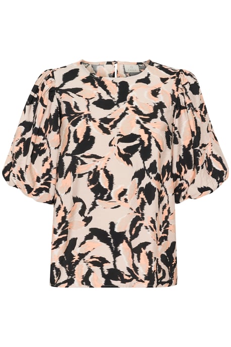 Blouse with short sleeve A-shape Beige/Black/Peach Blurry Leaf - Image 4