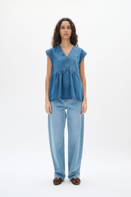 Blouse with short sleeve Regular fit Washed Denim - Image 2