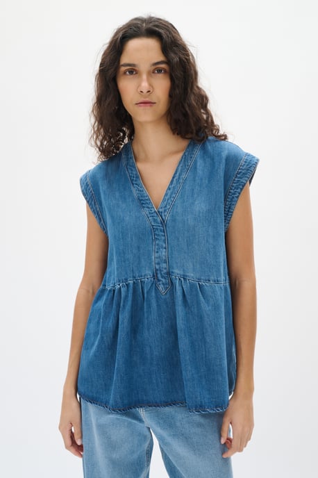 Blouse with short sleeve Regular fit Washed Denim - Image 5