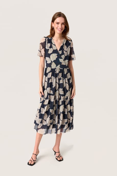 Jersey dress Feminine Silhouette Navy Leaf Print - Image 1