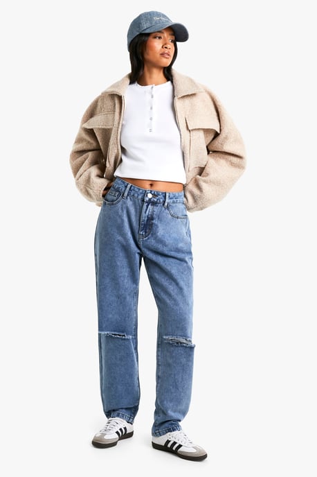 Petite High Waist Distressed Mom Jeans - Image 1