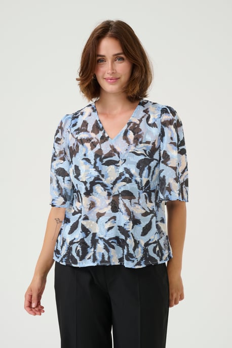 Blouse with short sleeve A-shape Blue Flower Print - Image 3