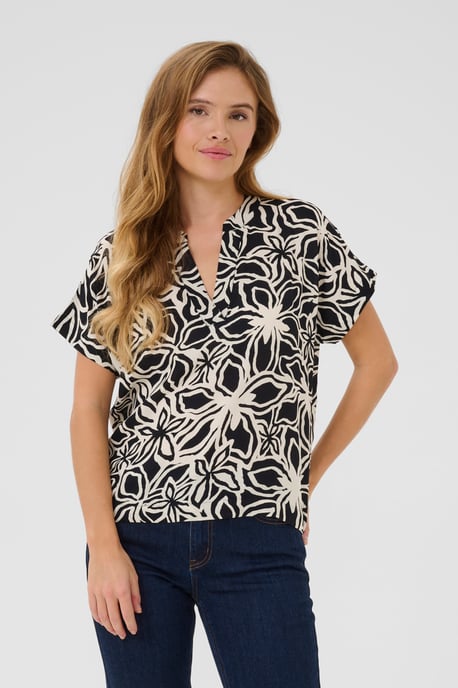 Blouse with short sleeve Regular fit Black / Light Beige Flower - Image 3
