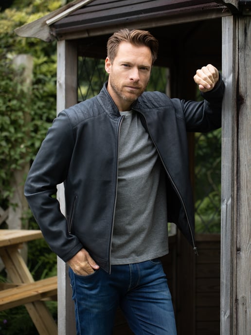 Crook Leather Jacket in Navy - Image 2
