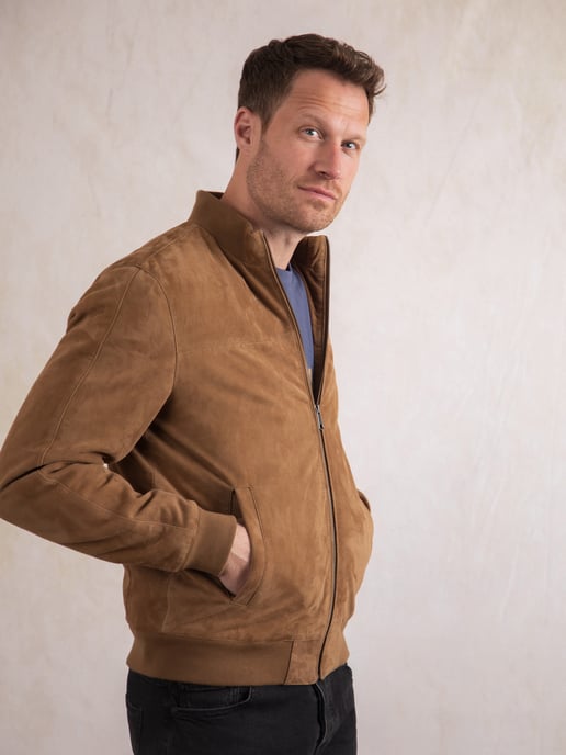 Dalston Suede Bomber Jacket in Biscuit - Image 3