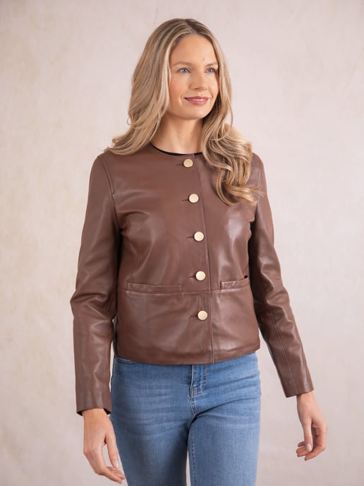 Lindal Button Down Leather Jacket in Tan - Image 1