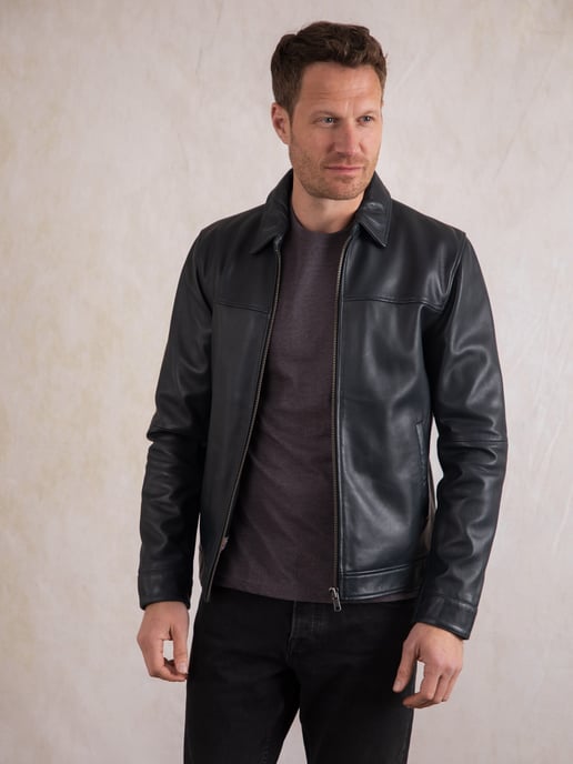 Renwick Collared Leather Jacket in Navy - Image 1