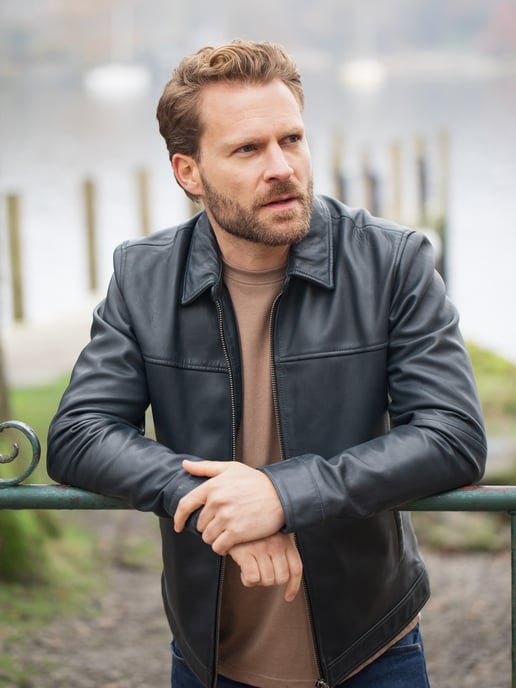 Renwick Collared Leather Jacket in Navy - Image 2