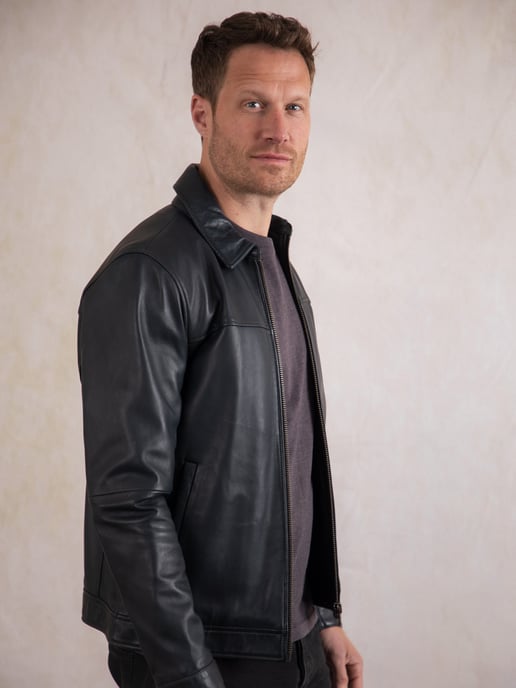 Renwick Collared Leather Jacket in Navy - Image 3