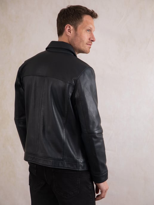 Renwick Collared Leather Jacket in Navy - Image 4