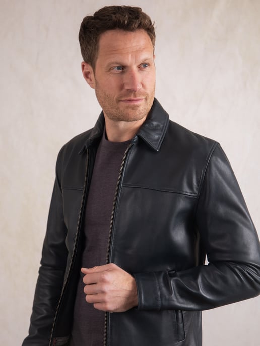 Renwick Collared Leather Jacket in Navy - Image 5