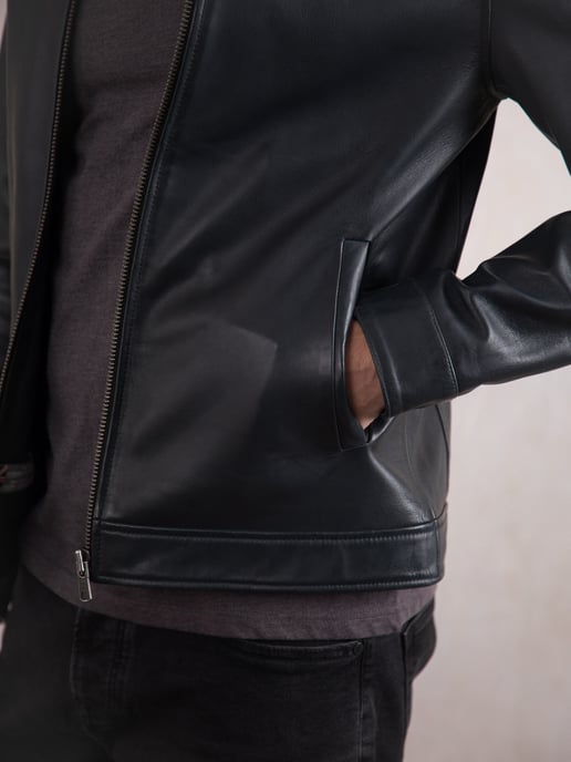 Renwick Collared Leather Jacket in Navy - Image 6