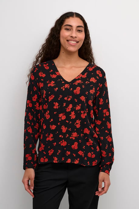 Blouse with long sleeve Regular fit Black_Red Flower Print - Image 2