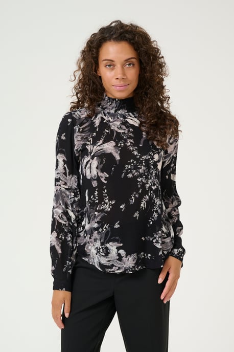 Blouse with long sleeve Regular fit Black/White Painted Flower - Image 3