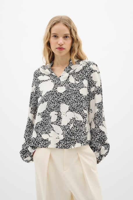 Blouse with long sleeve Relaxed fit GraphicFlower Black/PowderBeig - Image 5