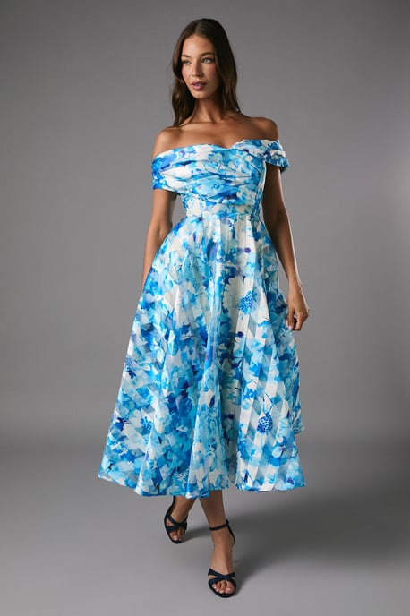 Stripe Organza Pleated Top Floral Print Midi Dress - Image 1