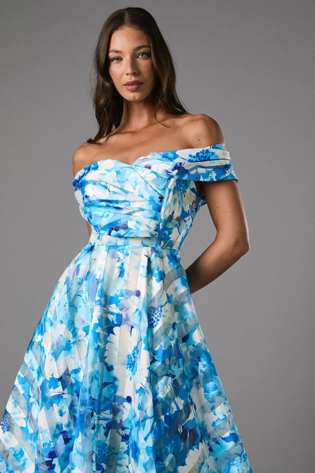 Stripe Organza Pleated Top Floral Print Midi Dress - Image 2