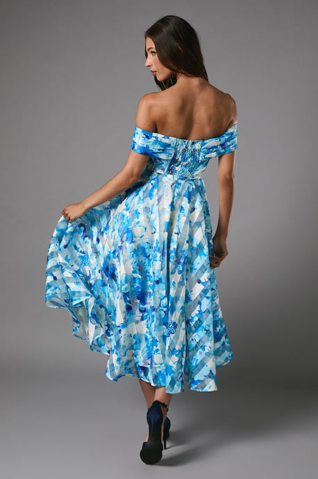Stripe Organza Pleated Top Floral Print Midi Dress - Image 3