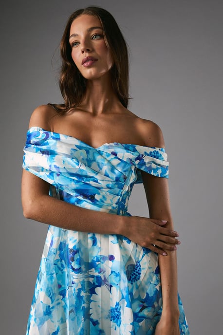 Stripe Organza Pleated Top Floral Print Midi Dress - Image 4