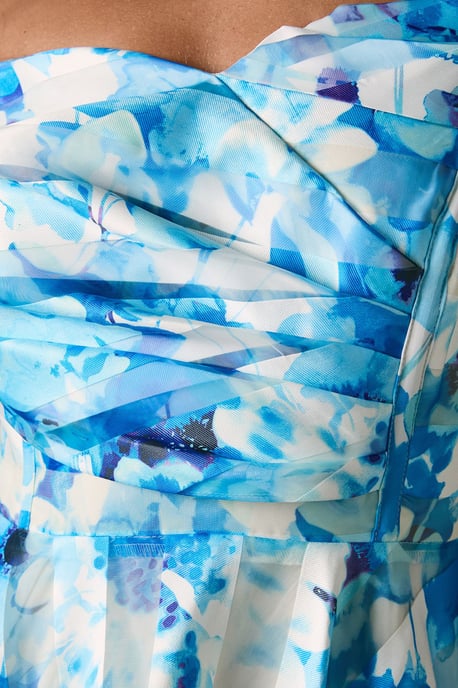 Stripe Organza Pleated Top Floral Print Midi Dress - Image 5