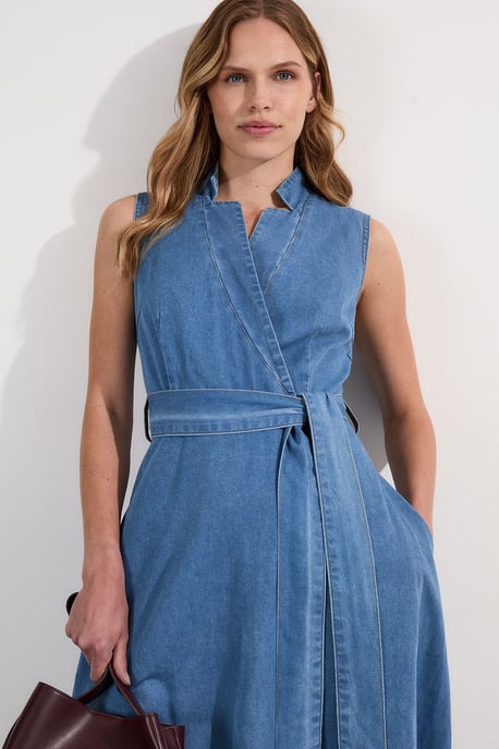 Denim Tailored Notch Neck Belted Fluid Midi Dress - Image 2