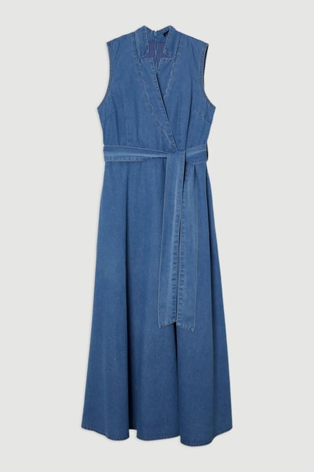 Denim Tailored Notch Neck Belted Fluid Midi Dress - Image 4