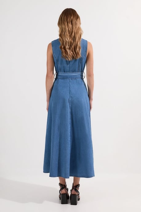 Denim Tailored Notch Neck Belted Fluid Midi Dress - Image 6