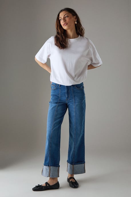 Seam Detail Wide Leg Turn Up Denim Jean - Image 2