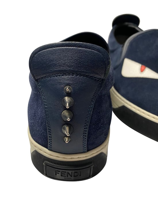 Fendi Monster 3D Eyes Slip-On Sneakers in Navy Blue Suede - Image 2