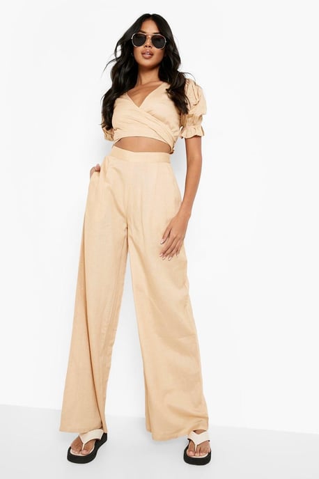 Linen Look Wide Leg Relaxed Fit Trousers - Image 3