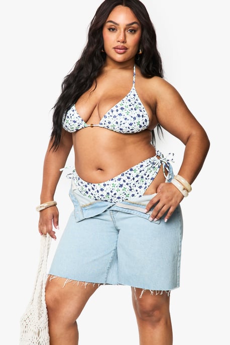 Plus Ditsy Floral beaded Asymmetric Tie Side Bikini Brief - Image 3