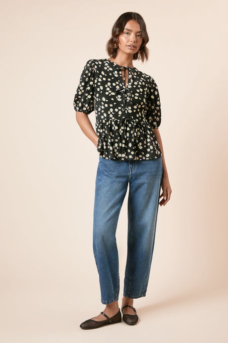 Floral Bow Tie Front Puff Sleeve Top - Image 1