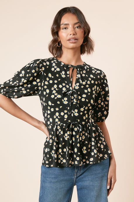 Floral Bow Tie Front Puff Sleeve Top - Image 2