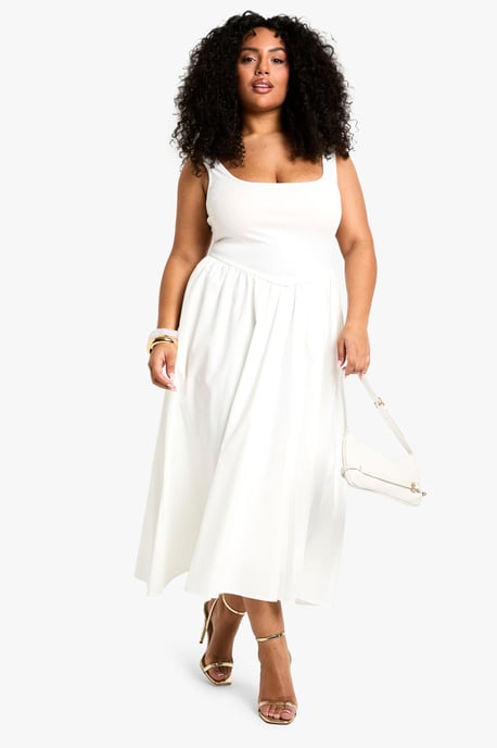 Plus Ribbed Scoop Neck Mixed Fabric Skater Midaxi Dress - Image 1