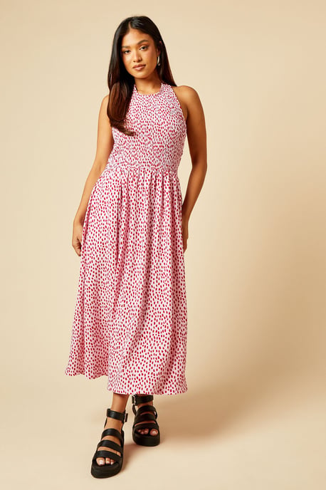 Petite Pink Spot Shirred Bodice Halterneck Midi Dress - Image 1