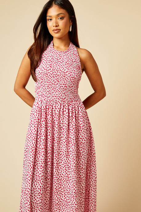 Petite Pink Spot Shirred Bodice Halterneck Midi Dress - Image 2